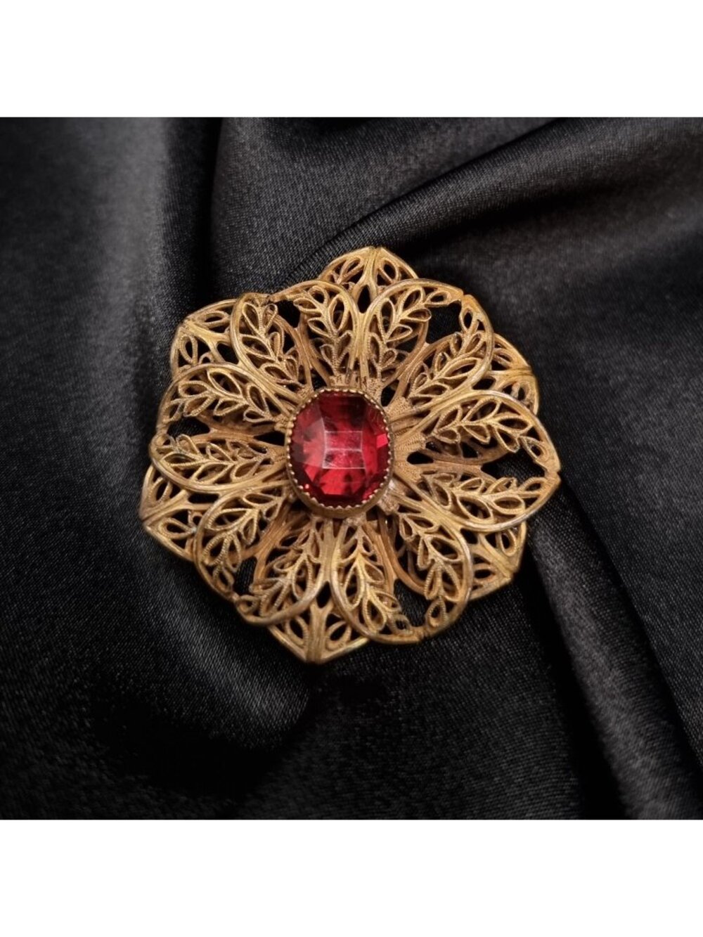 Vintage 1930's-1950's Gold-Tone Filigree Brooch With Red Glass